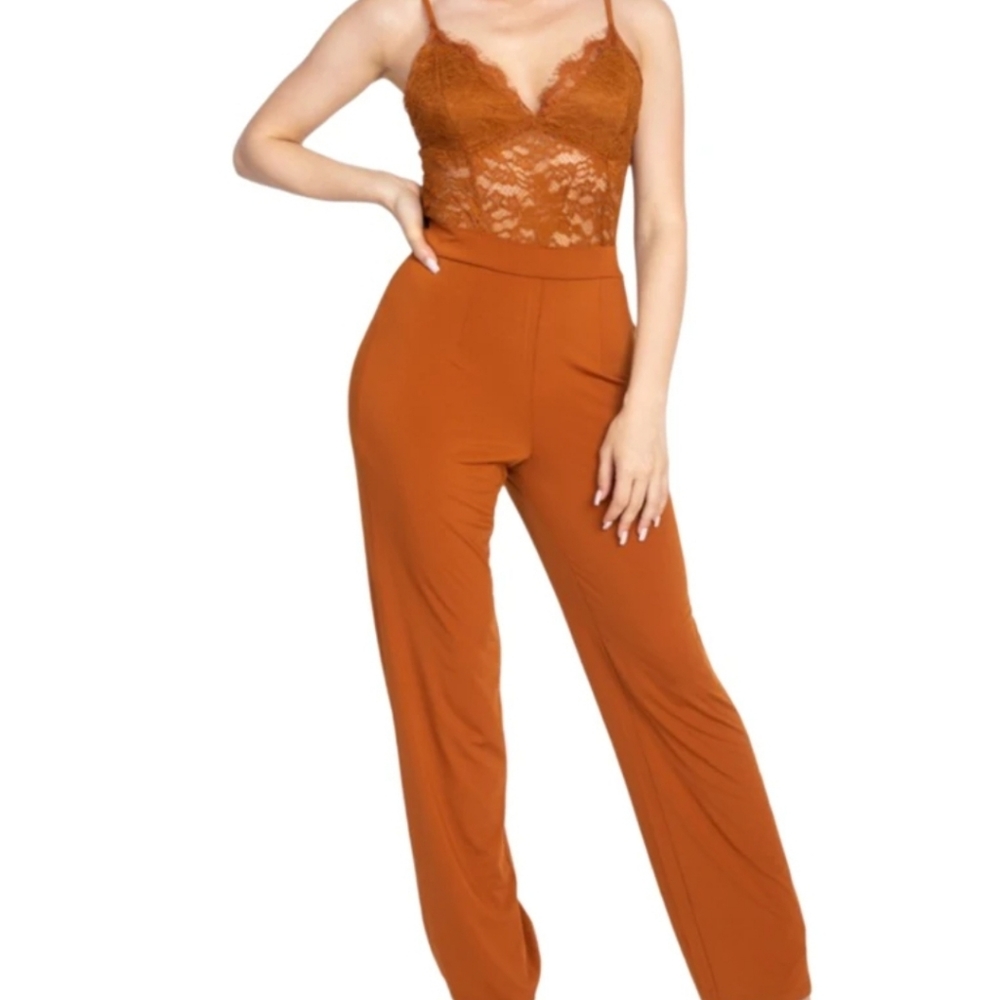 Cognac Floral Lace V Neck Jumpsuit